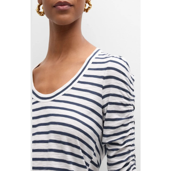 VERONICA BEARD TOP WOMENS SIZE SMALL NETTO TEE SHIRT PUFF SLEEVE NAVY WHITE - Picture 3 of 15